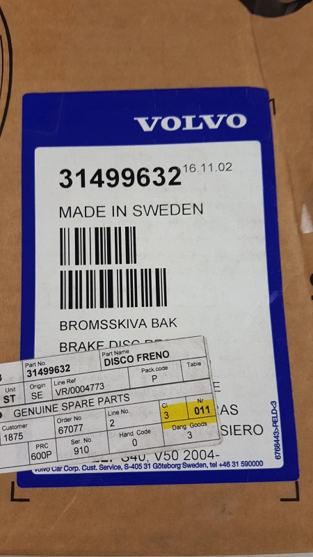 Original VOLVO S40 2004-2012 Bremsscheibe 280mm Hinten 31499632