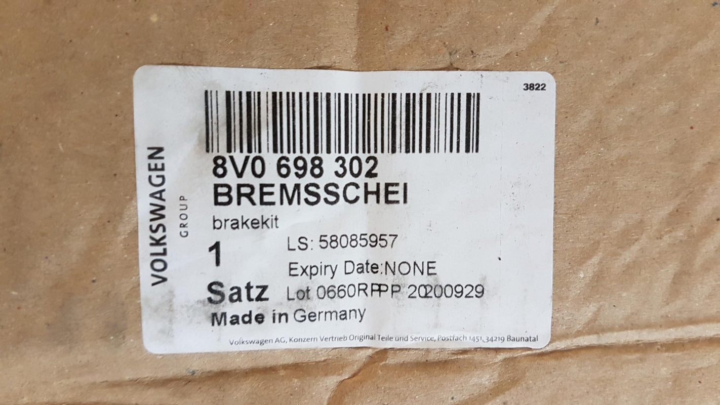 Original OE Volkswagen Bremsensatz 2 Bremsscheiben + 4 Bremsbeläge 8V0698302