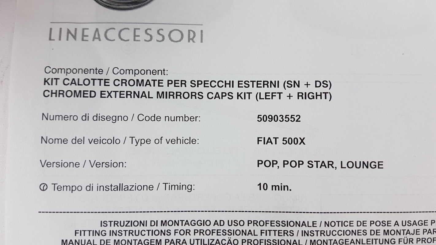 Original FIAT 500X Spiegelabdeckungen Unterlage Kappen Chrome 50903552