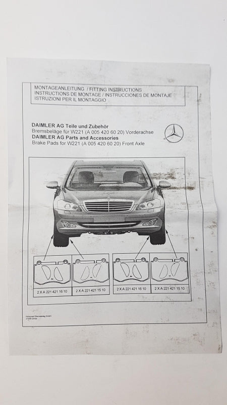 Original MERCEDES-BENZ S-class W221 V221 -2013 Bremsbeläge Vorne A005420602041