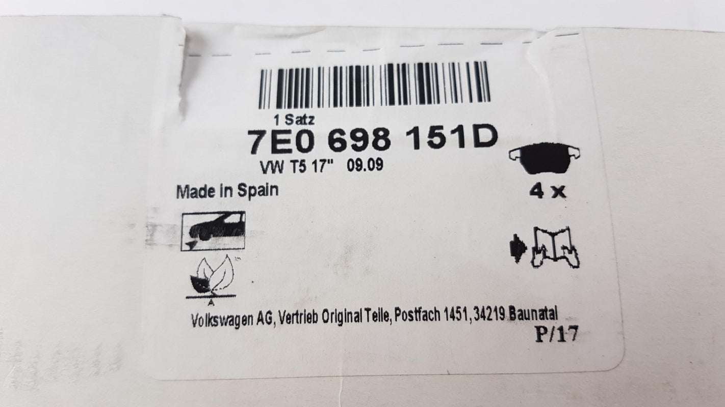 Original VW Transporter T5 T6 Bremsbeläge Bremsklötze vorne 7E0698151D