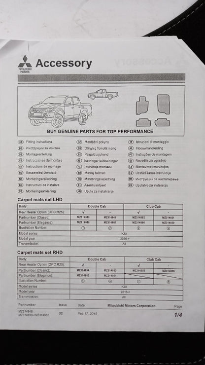 Original MITSUBISHI L200 KJ0T Classic Fußmattensatz 4-teilig Nadelfilz MZ314850
