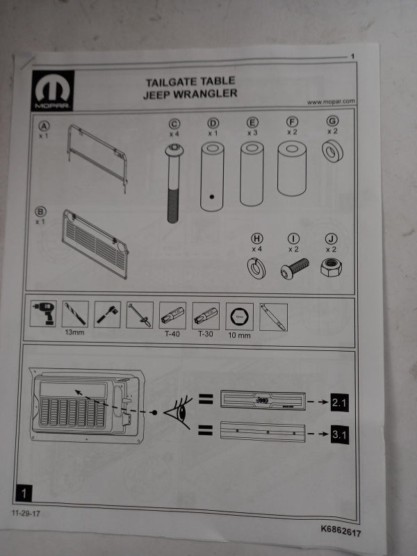 Original MOPAR für Jeep Wrangler 2018- Klapptisch K82215416AB