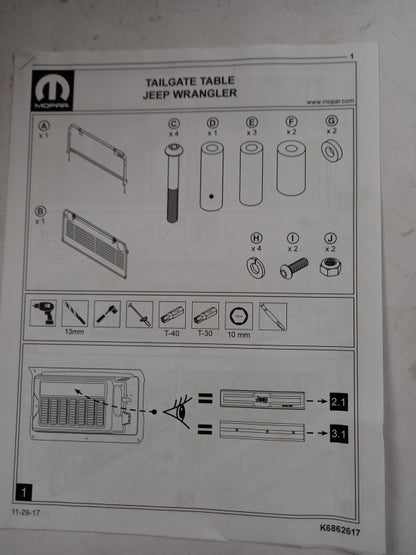 Original MOPAR für Jeep Wrangler 2018- Klapptisch K82215416AB