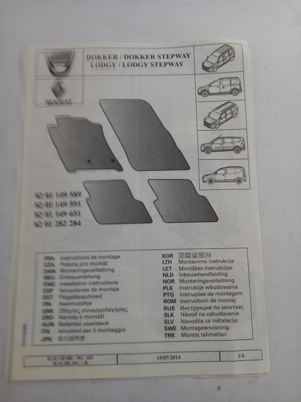 Original RENAULT DACIA Lodgy 7-Sitz Fußmatten Satz 5-Teilig Gummi 8201282284