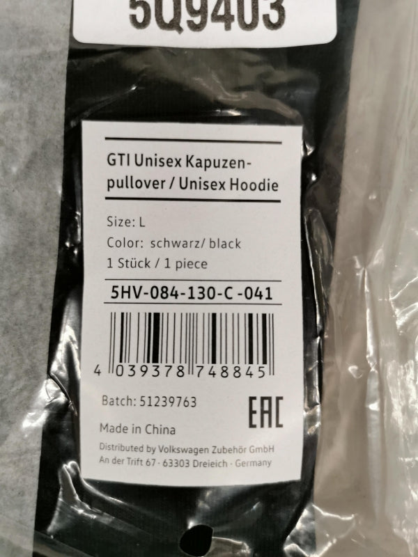 Original VW GTI Hoodie  Schwarz Größe L 5HV084130C041