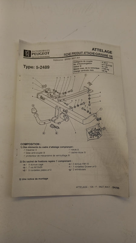 Original PEUGEOT 106 I Anhängerkupplung 9627W4