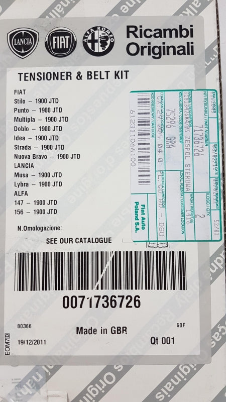 Original FIAT Nuova Bravo (07-14) Doblo (03-16) Zahnriemensatz 1.9 JTD 71736726