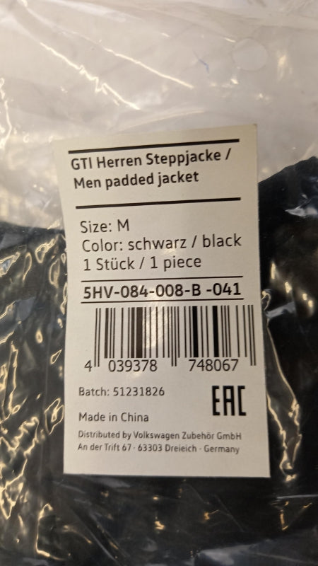 Original VW GTI Steppjacke Herren Schwarz Größe M 5HV084008B041