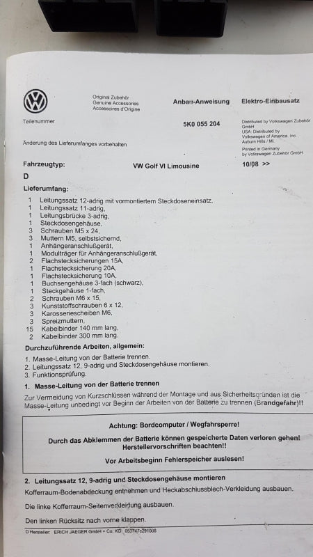 Original VW Golf VI (5K) E-Satz Kabelsatz Anhängerkupplung 13-polig 5K0055204