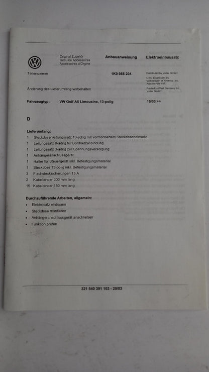 Original VW Golf V 2003-2009 Anhängerkupplung Elektrosatz 1K0055204