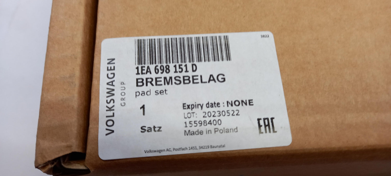 Original OE Volkswagen Bremsbeläge 1EA698151D