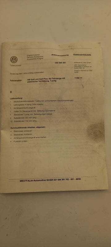Original VW Golf V Anhängerkupplung Elektrosatz 7-polig 1K0055201