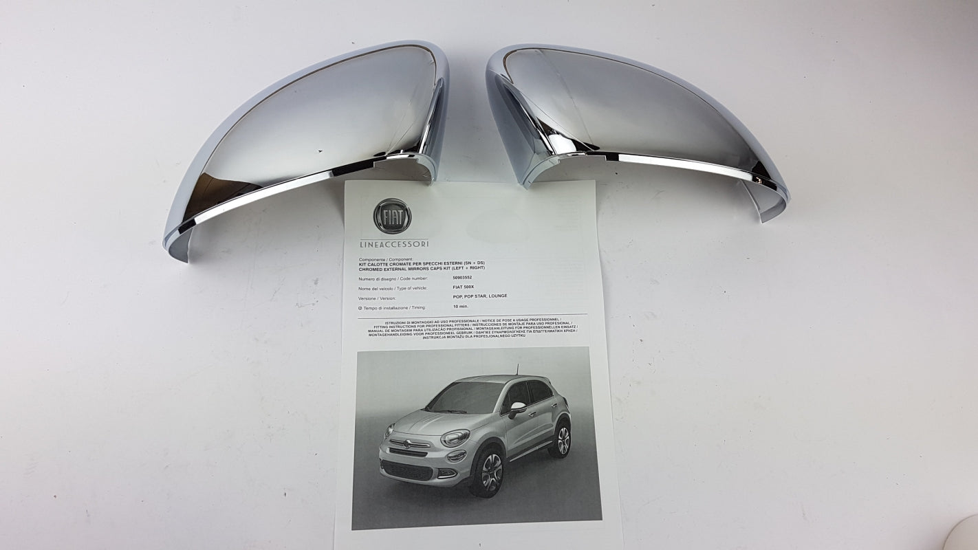 Original FIAT 500X Spiegelabdeckungen Unterlage Kappen Chrome 50903552