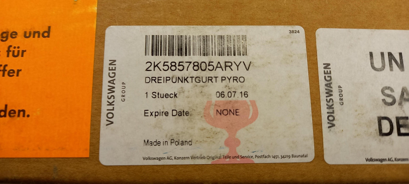Original OE Volkswagen Sicherheitsgurt Gurtstraffer 2K5857805ARYV