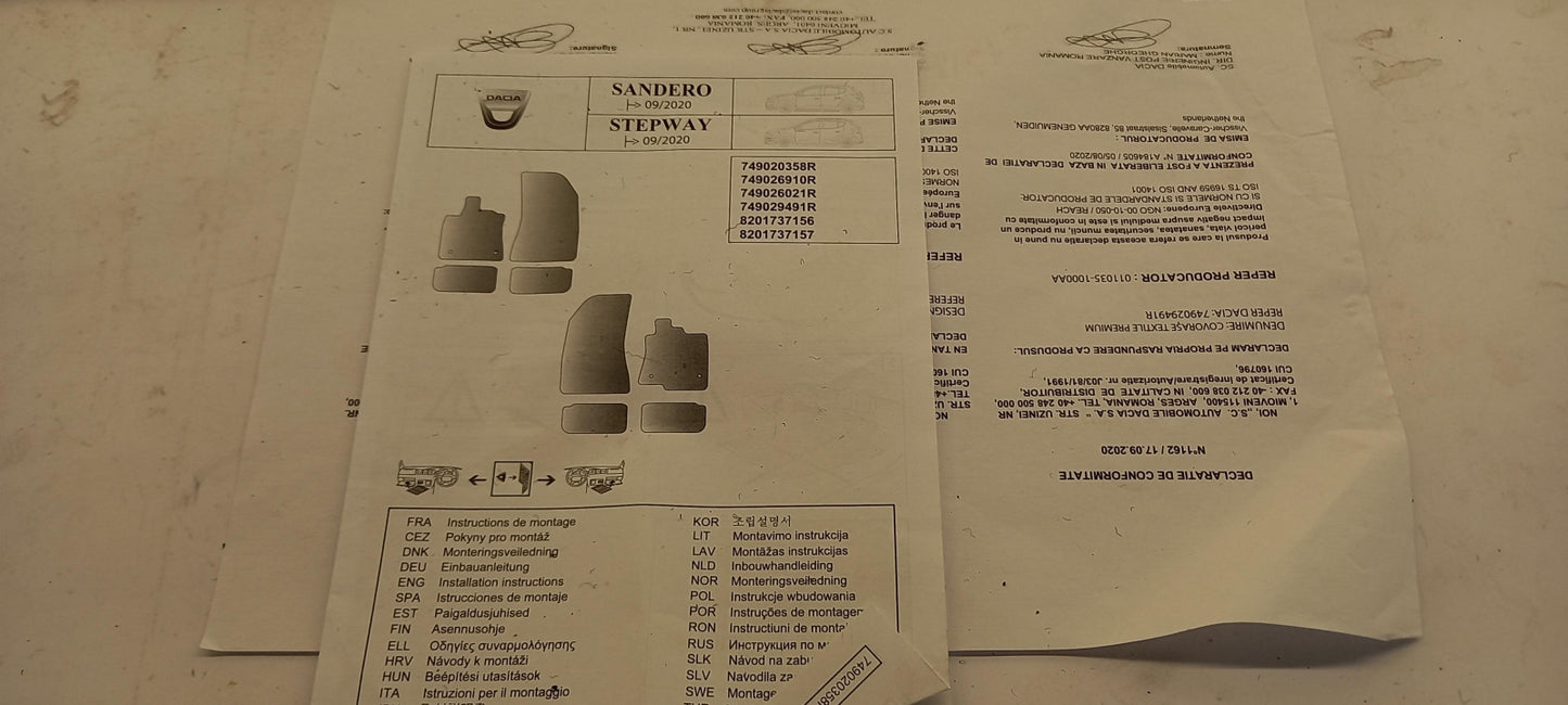 Original RENAULT DACIA Sandero Stepway 2020-2024 Fußmattensatz 749029491R